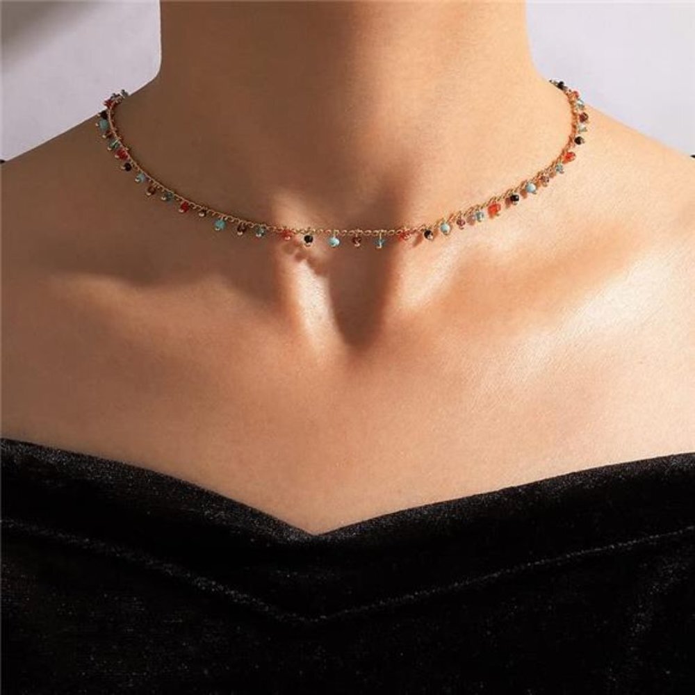 Gold Colored Round Beaded Beads Choker Necklace for Women - Picture 4 of 7